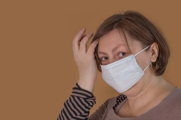 Sad European Mature Woman Wearing Protective Mask Covid Coronavirus Pandemic — 스톡 사진