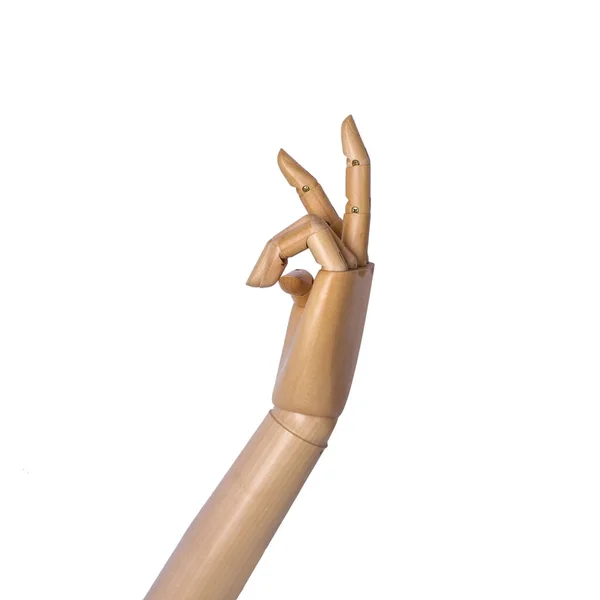 Drewniana Ręka Manekina Eleganckim Gestem Dłoni Izolowane Białym Tle — Zdjęcie stockowe