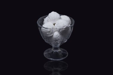 Siyah arka planda, cam bir dondurma kasesinde beyaz dondurma topları..