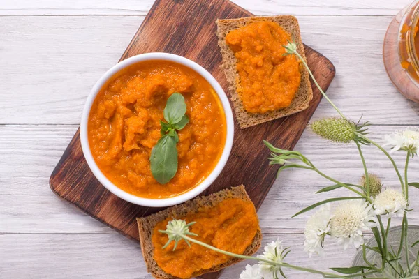 Dish Squash Caviar Decorated Basil White Wooden Background Squash Spread — Stock Photo, Image