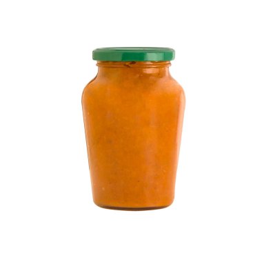 Beyaz arka planda kabak havyarlı cam kavanoz. Fesleğen Kabak ezmesi, kabak havyarı ve malzemeler. Sağlıklı yemek..