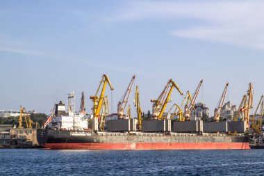 Ukrayna, Odessa, 2021 yazı. Deniz endüstrisi ticari limanı. Konteynır terminali. Deniz kargo sanayi limanının kargo konteynır terminali. Deniz taşımacılığı, konteynır vinci..
