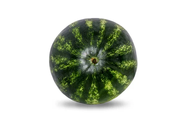 Close Rijp Rond Gestreepte Watermeloen Geïsoleerd Witte Achtergrond — Stockfoto