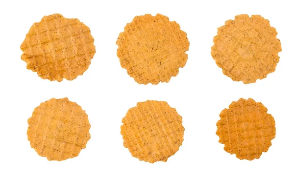 Set Van Verschillende Ronde Dunne Krokante Gezouten Wafels Geïsoleerd Witte — Stockfoto