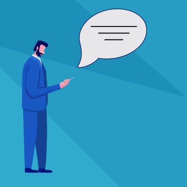 Telefon ya da tablet kullanan bir işadamı ya da yöneticinin düz çizimi bir mesaj alır ya da iletir. Metin için boş bir yeri olan takım elbiseli bir karakter ile arka plan.