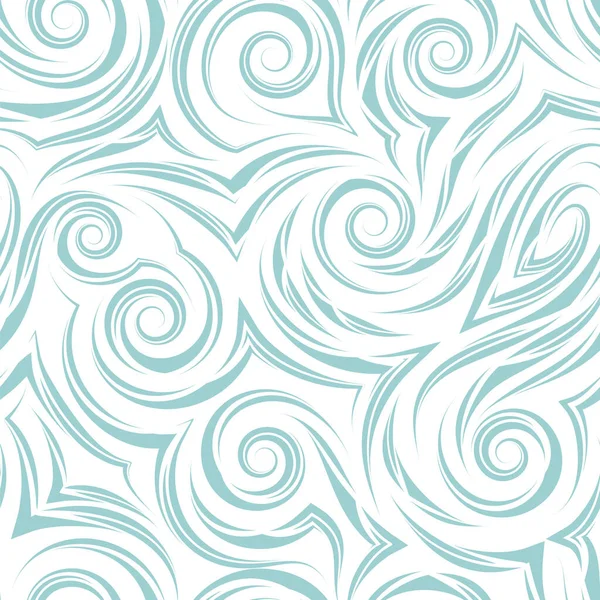 Nahtloses Muster aus blauen Eckenspiralen und glatten gemusterten Linien, isoliert auf weißem Hintergrund. Hintergrund für die Dekoration von Stoffen und Geschenkpapier. — Stockvektor