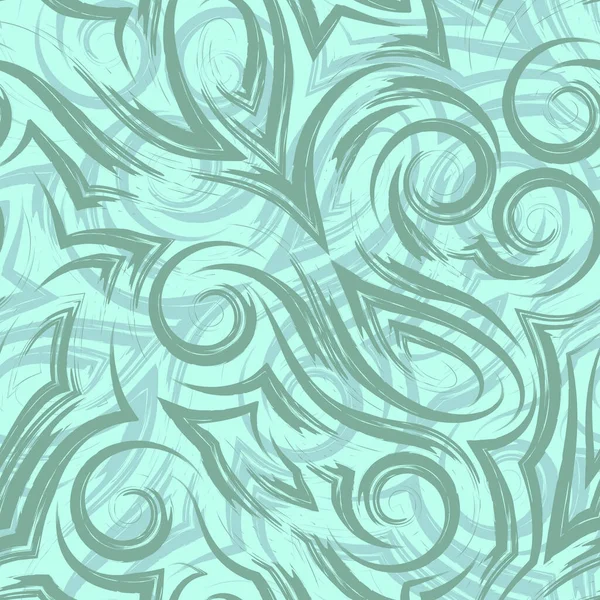 Vector green seamless pattern of waves or swirl drawn with a brush for decor on a turquoise background.Smooth uneven lines in the form of spirals of corners and loops. — Stock Vector