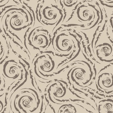 Kahverengi düz çizgiler ve eğri kenarlı spiraller bej arka planda pürüzsüz vektör deseni. Soyut doku geometrik süslemesi