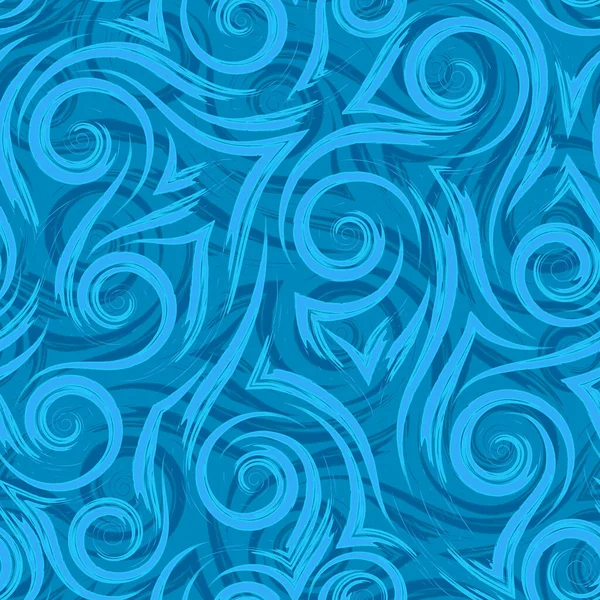 Blaue glatte Linien Ecken und Spiralen auf einem blauen Hintergrund Vektor nahtlose Muster. Abstrakte geometrische Textur Wellen Spritzer Wasser — Stockvektor