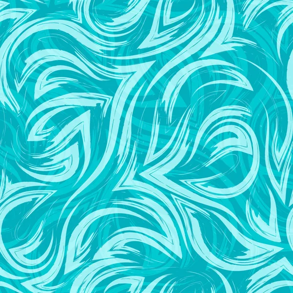 Türkis Vektor geometrisches nahtloses Muster aus Ecken fließender Linien und Wellen auf türkisfarbenem Hintergrund. Wasser- oder Meeresflusstextur — Stockvektor
