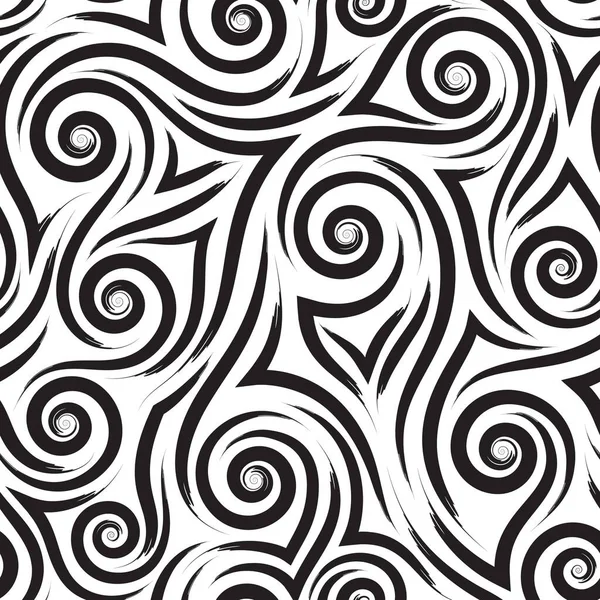 Schwarze anmutige glatte Linien Ecken und Spiralen auf einem weißen Hintergrund Vektor nahtlose Muster. Abstrakte Textur Wellen oder wirbeln Ornament. — Stockvektor