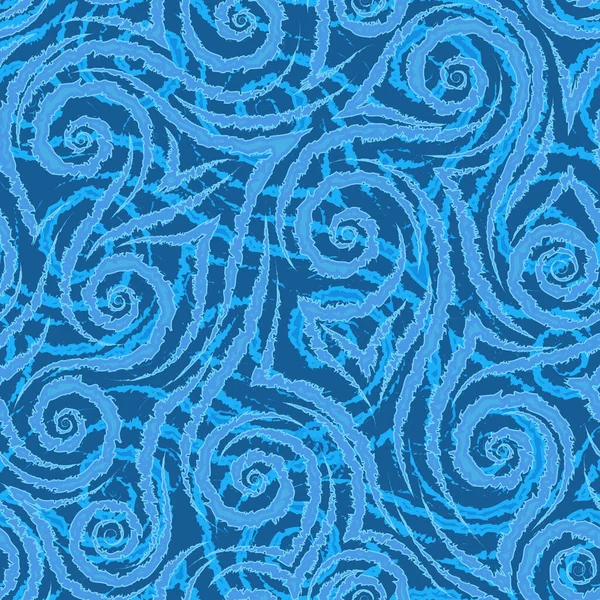 Lignes lisses bleues coins et spirales avec des bords déchirés sur un motif sans couture vecteur de fond bleu.Texture géométrique abstraite glace sur le verre.Gel et glace — Image vectorielle
