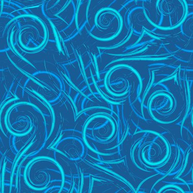 Akan fırça darbelerinin ya da mavi ve turkuazlı dalgaların kusursuz deseni. Düz spiral çizgiler ve köşeler kağıt kumaşların dekorasyonu için parlak doku