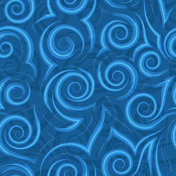 Nahtloses Vektormuster aus Spiralen fließender Linien und Ecken türkisfarbener Farbe auf blauem Hintergrund. Textur aus Wirbeln und Locken. — Stockvektor