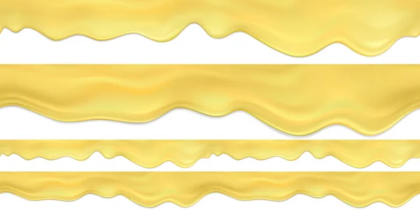 Set of realistic vector seamless melted cheese or cheese fondue.Flowing down liquid cheese horizontal border.Realistic Butter Or Cheese Cream Drops Or Waves. — Vector de stock