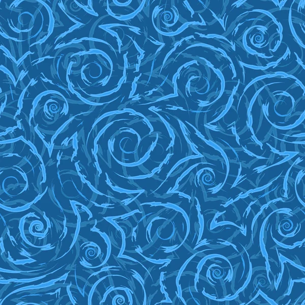 Vector blaue geometrische nahtlose Muster von fließenden Spiralen Locken und Ecken. Vector nautische geometrische nahtlose Textur von glatten und gebrochenen Linien. Stilisierte blaue Muster von Wasserfluss oder Wellen. — Stockvektor