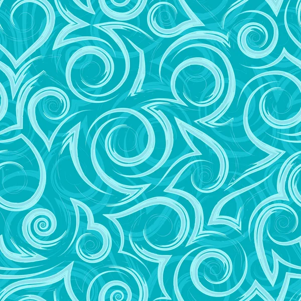 Vector türkisfarbene geometrische nahtlose Muster fließender Spiralen Locken und Ecken. Vector nautische geometrische nahtlose Textur glatter und gebrochener Linien. Stilisierte türkisfarbene Muster des Wasserflusses oder Wellen — Stockvektor