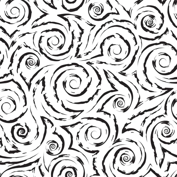 Vector monochrome geometrische nahtlose Muster fließender Spiralen Locken und Ecken. Vector schwarz-weiß geometrische nahtlose Textur von glatten und gebrochenen Linien. Stilisierte Muster von Wasserfluss oder Wellen. — Stockvektor