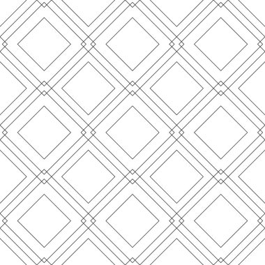 Doğrusal bir şekilde kesişen karelerin ve eşkenar dörtgenlerin kusursuz vektör geometrik deseni. Eşkenar köşeler ve çizgilerden minimalist tarzda basit, dikişsiz vektör geometrik tek renkli desen..