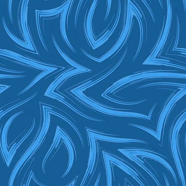 Stock Vektor nahtlose Textur aus Strichen blauer Farbe in Form von Zick-Zack-Ecken und fließenden Linien. Stock nahtlose Muster von Flecken in Form von Linien und Ecken in Blautönen. — Stockvektor