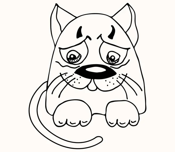 Triste y molesto personaje de gato dibujado con marcador. Personaje de dibujos animados, imitación del dibujo de un niño. — Vector de stock