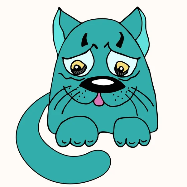 Triste y molesto personaje de gato dibujado con marcador. Personaje de dibujos animados, imitación del dibujo de un niño. — Vector de stock