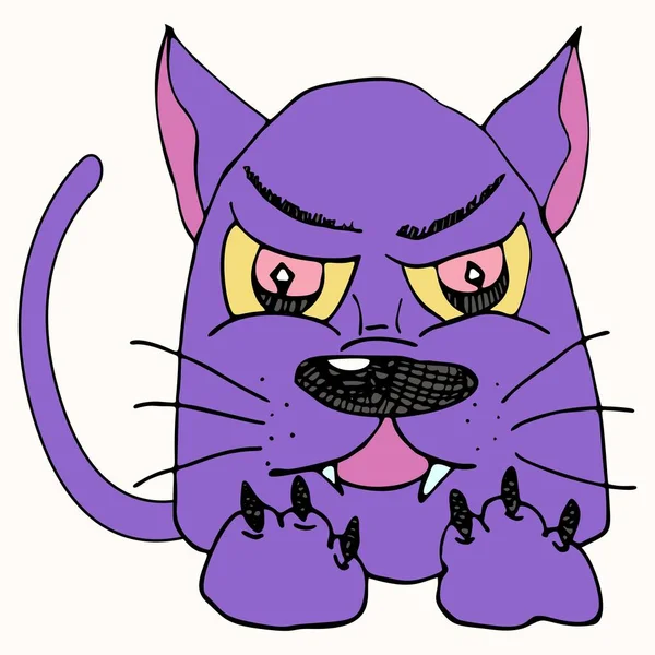 Personaje gato disgustado y enojado dibujado con marcador. Personaje de dibujos animados, imitación de un dibujo infantil. — Vector de stock