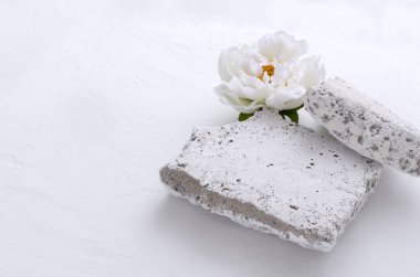 Beyaz yüzeyde beyaz doğal taşlar ve şakayıklar. Boş alan.