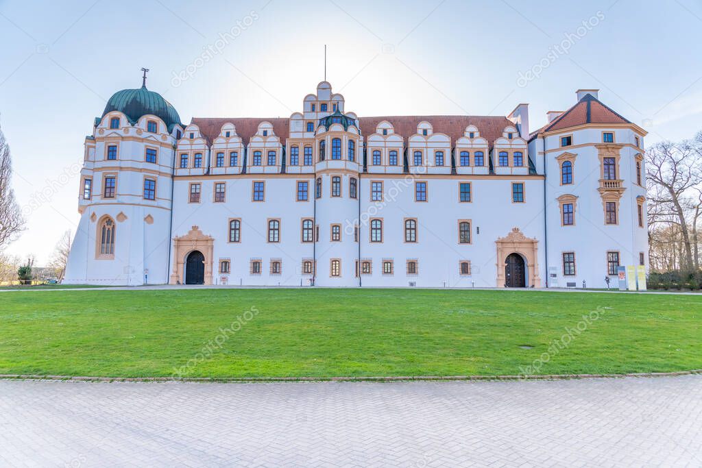 Celle castle photographed in the sun from the front with the turrets and the magnificent facade