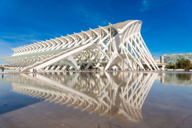 Valencia - Valencia Topluluğu - İspanya - 11-23-2025: Beyaz kurdeleli ön cepheli Prens Felipe Bilim Müzesi, parlak mavi gökyüzünün altında küçük yayaların bulunduğu sığ bir havuza yansıdı.