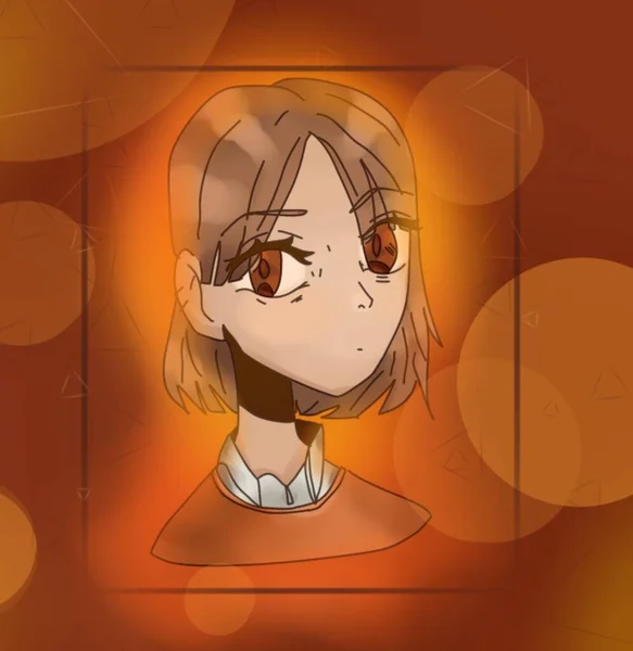 Portrait teen, anime character in orange tones. picture, illustration the anime humen. the girl with the big brown eyes — Stock Photo, Image