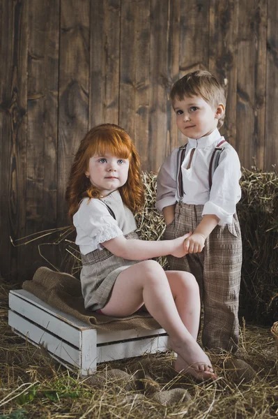 Niños tomados de la mano sobre el fondo de paredes de madera y heno — Foto de Stock
