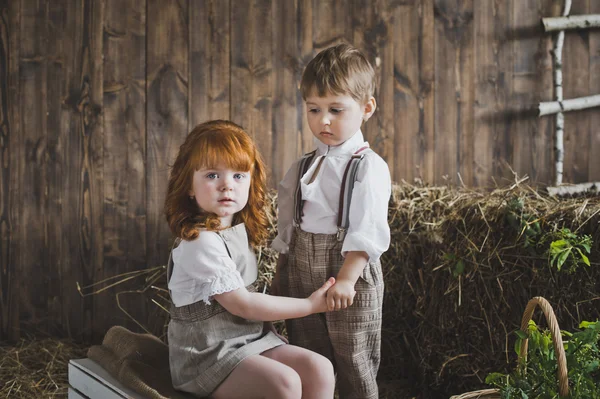 Niños tomados de la mano sobre el fondo de paredes de madera y heno — Foto de Stock