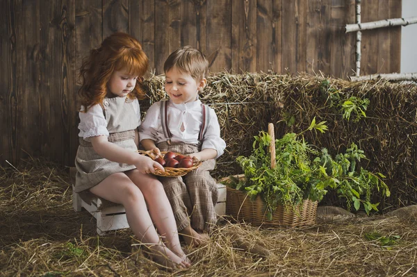 Девочка и мальчик держат блюдо с пасхальными яйцами 6070 . — стоковое фото