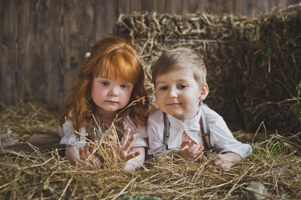 Un niño y una niña mienten y juegan en el pajar 6099 . — Foto de Stock