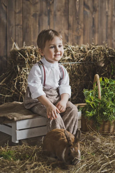 Портрет малыша с кроликом из сена и белых коробок 6044 . — стоковое фото