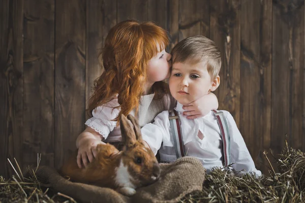 Рыжая девочка и мальчик играют с кроликом на сене 6124 . — стоковое фото