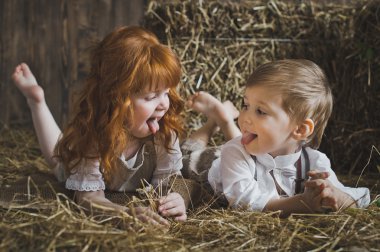 Küçük çocuklar saman 6117 arasında oynarken.