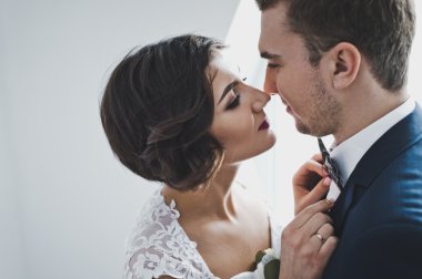 Parlak Windo arka plan üzerinde yeni evliler yumuşak bir öpücük