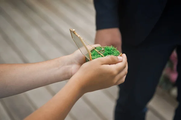 Proceso Intercambio Anillos Boda Sobre Fondo Verde —  Fotos de Stock