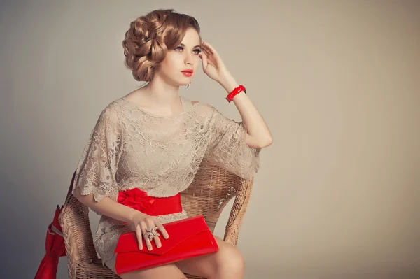The girl in a grey dress with red accessories 1231. — Stock Photo, Image
