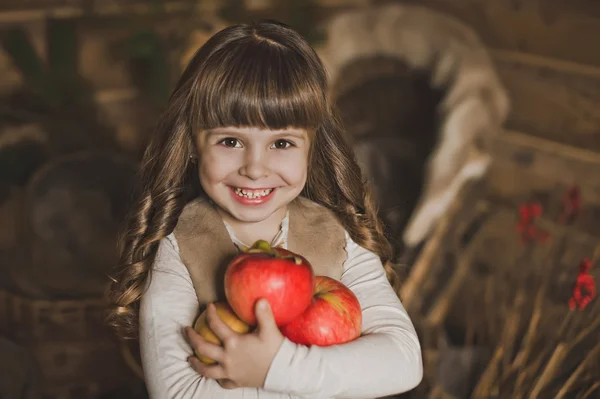 The smiling girl and apples 1450. — Stock Photo, Image