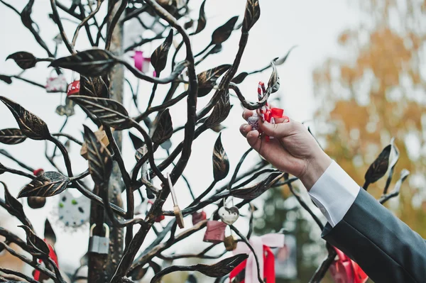 The tradition to hang up the lock on wedding 2476. — Stock Photo, Image