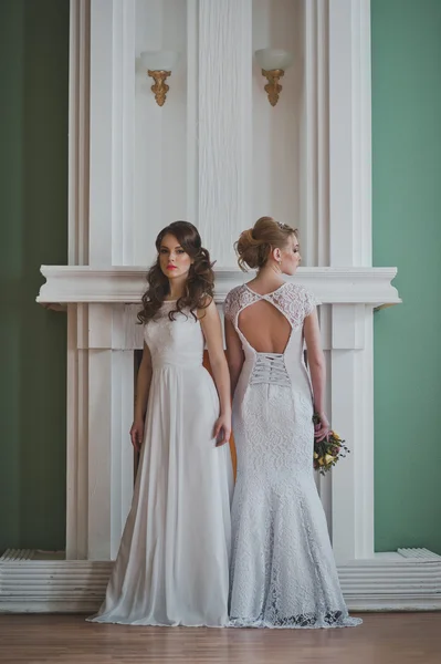 Дві дівчини у весільних сукнях стоять поруч 2703 . — стокове фото