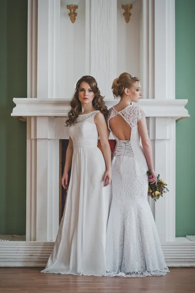 Two girls in wedding dresses stand nearby 2704. — Stock Photo, Image