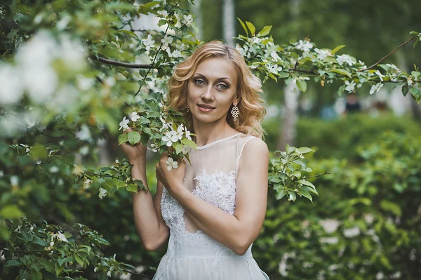 Das schöne Mädchen in einem Kleid zwischen blühenden Bäumen 3139. — Stockfoto