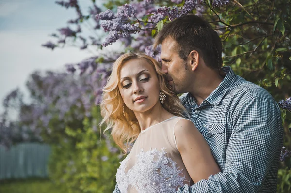 Frisch verheiratetes Paar zwischen Fliederbüschen 3154. — Stockfoto