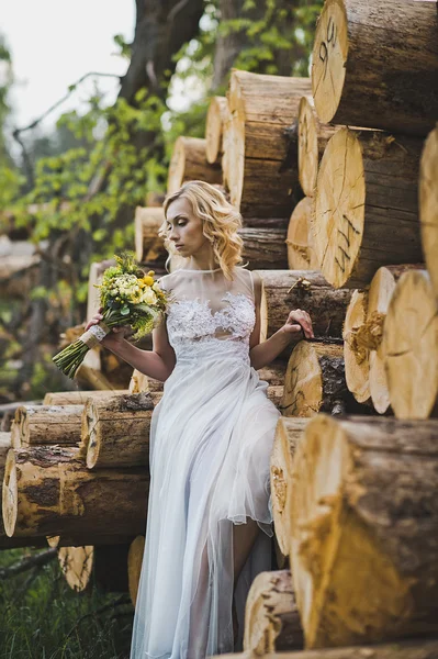 A menina em um vestido em madeira 3204 . — Fotografia de Stock