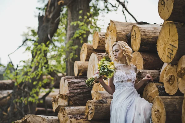 A menina em um vestido em madeira 3203 . — Fotografia de Stock