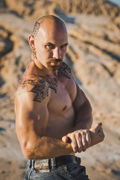 Corpo do homem com tatuagens mehndi ao pôr do sol 3420 . — Fotografia de Stock